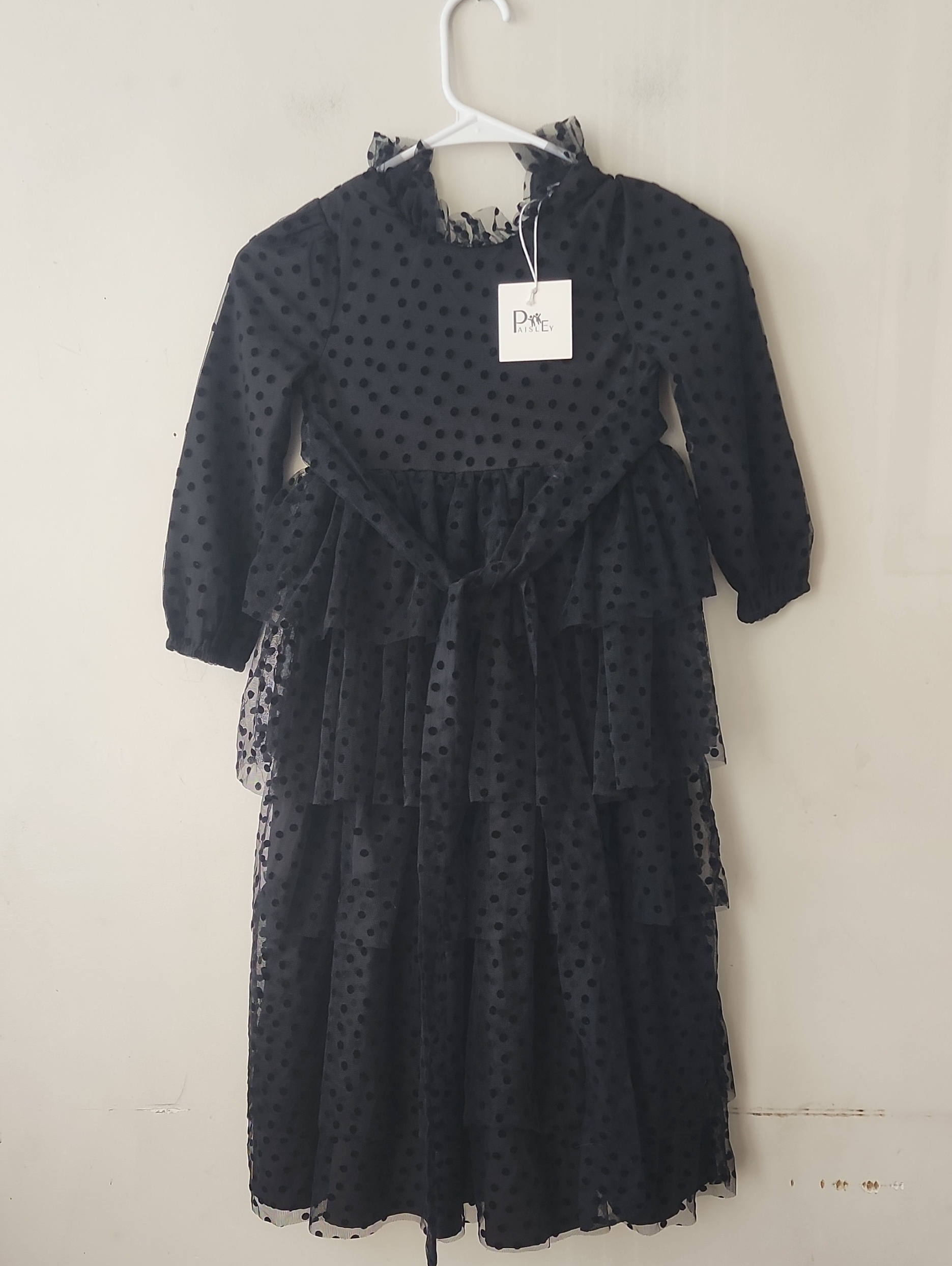 Elegant Black Polka Dot Midi Dress With Tiered Skirt